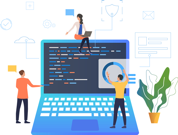 Digital agency technology illustration with people interacting with digital elements